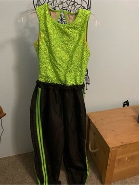 Weissman Neon Green Sequin Top with Black Track Pants